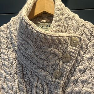 Irish made Aaran Mor Merino Wool Cable Knit cardigan- Beige